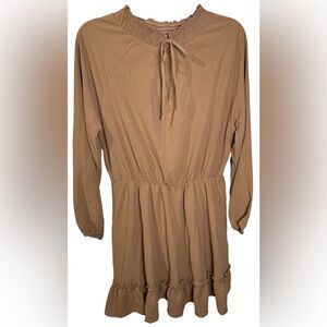 NWOT XL Light Brown Ruffle Edge Long Sleeve Tie Neck Boho Dress
